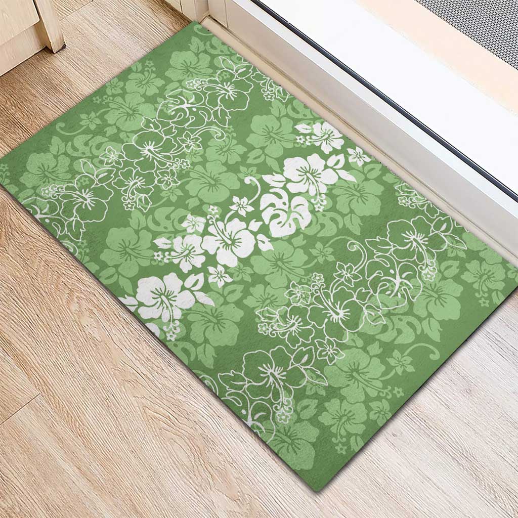 Hawaiian Lei Day Rubber Doormat Green Hibiscus Flowers Lei Art