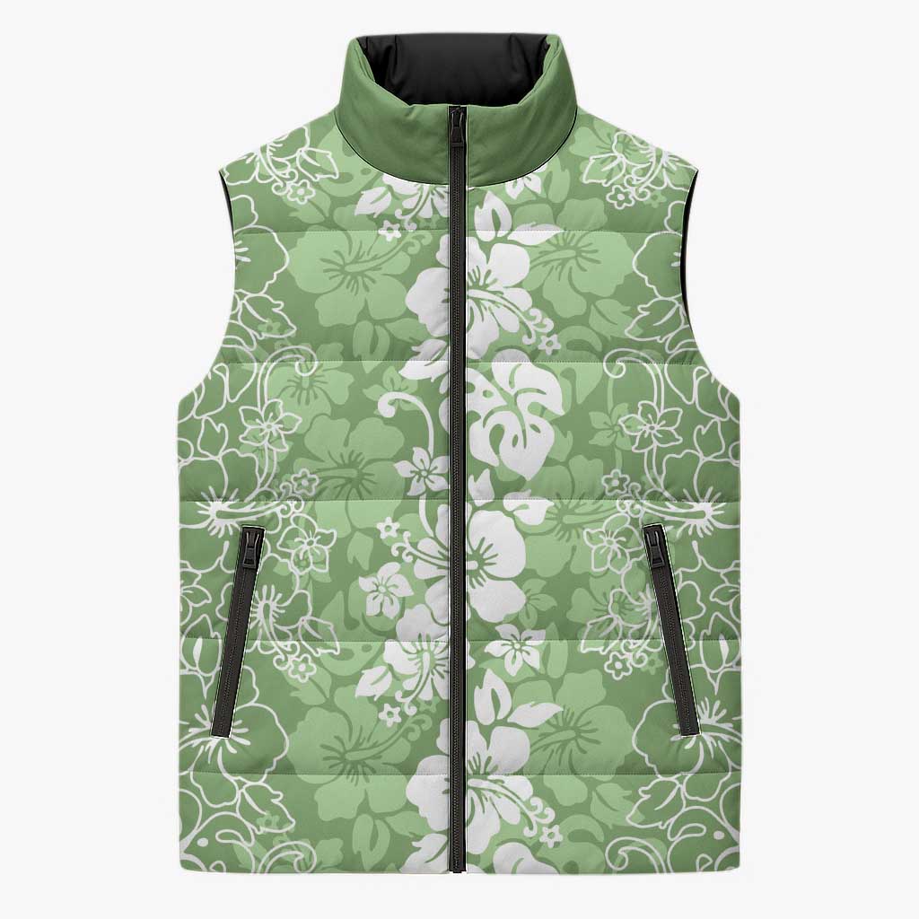 Hawaiian Lei Day Sleeveless Puffer Jacket Green Hibiscus Flowers Lei Art - Polynesian Pride