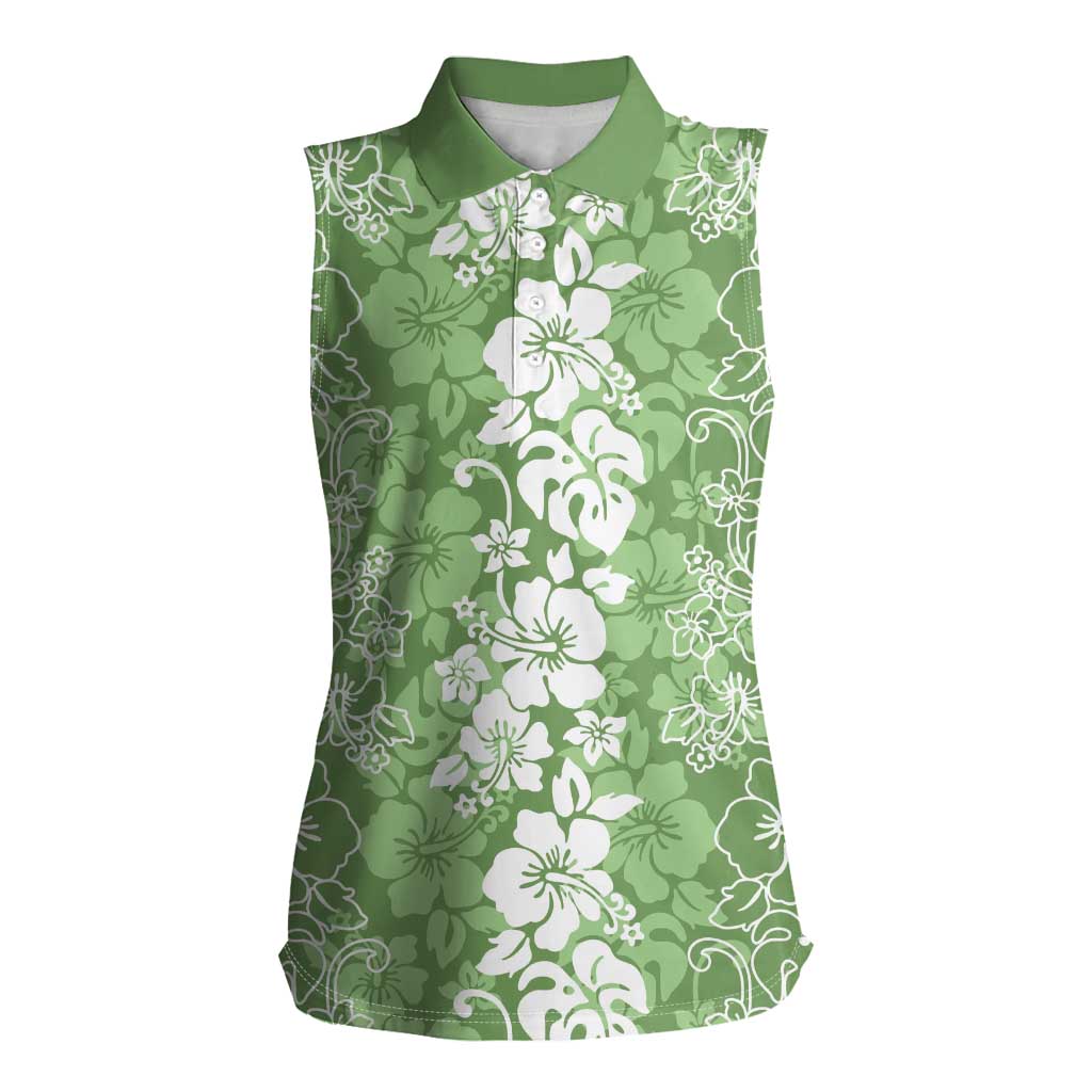 Hawaiian Lei Day Women Sleeveless Polo Shirt Green Hibiscus Flowers Lei Art