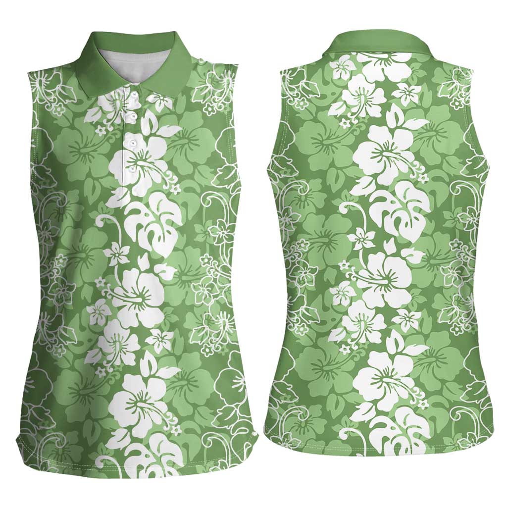 Hawaiian Lei Day Women Sleeveless Polo Shirt Green Hibiscus Flowers Lei Art