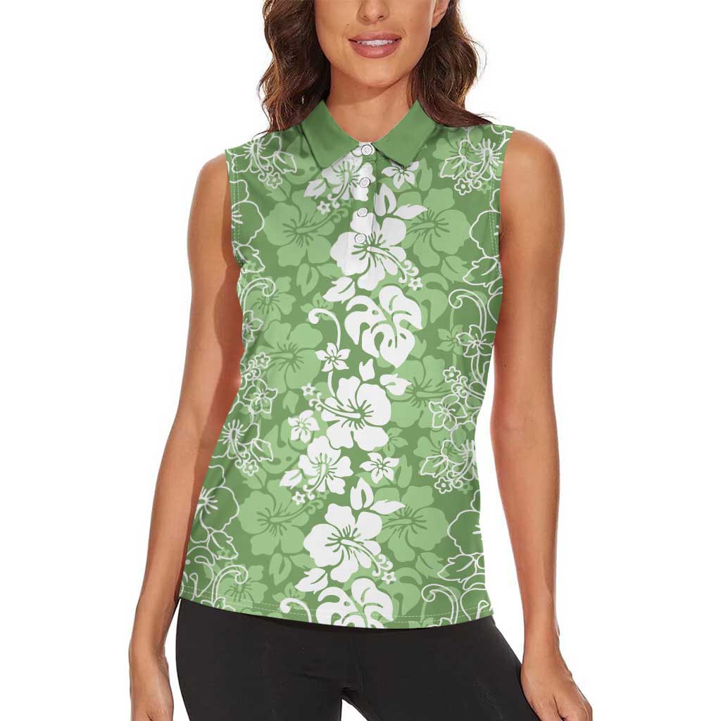 Hawaiian Lei Day Women Sleeveless Polo Shirt Green Hibiscus Flowers Lei Art