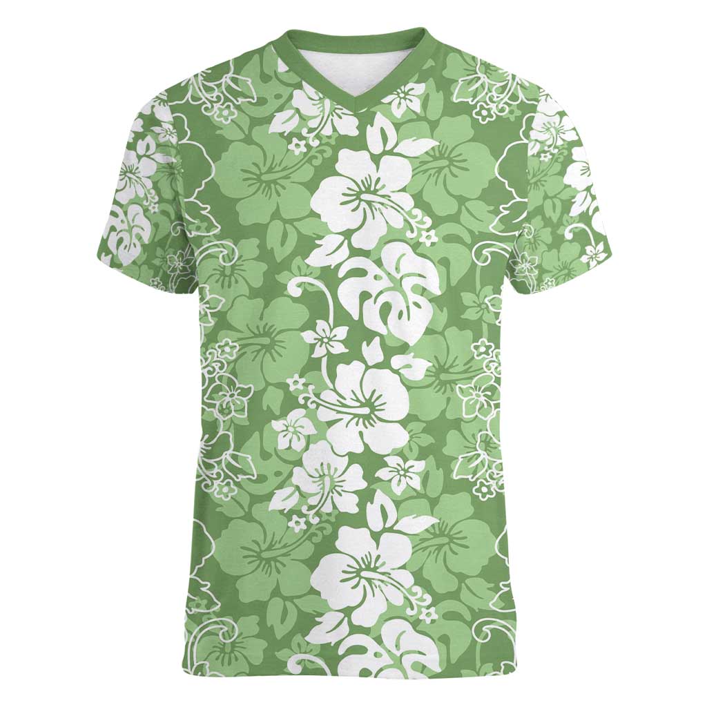 Hawaiian Lei Day Women V-Neck T-Shirt Green Hibiscus Flowers Lei Art