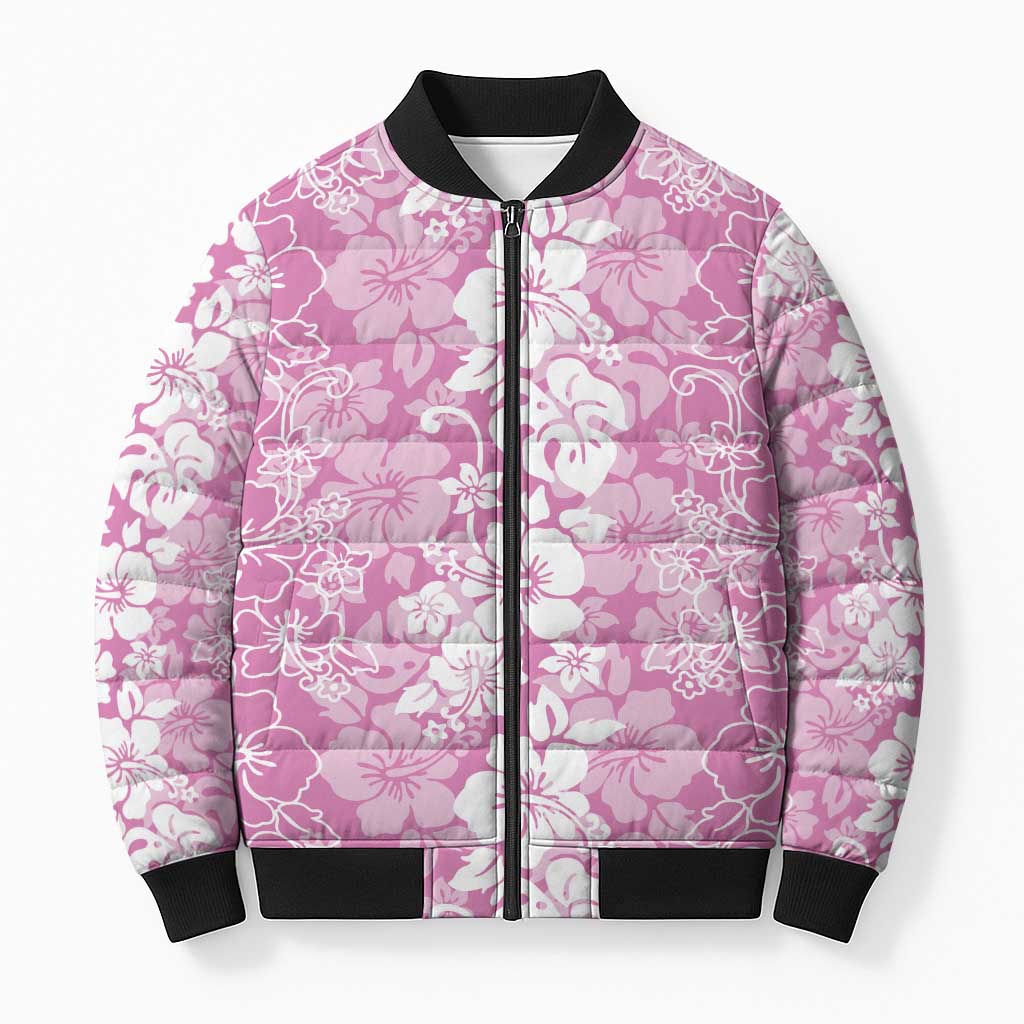 Hawaiian Lei Day Bomber Puffer Jacket Pink Hibiscus Flowers Lei Art - Polynesian Pride