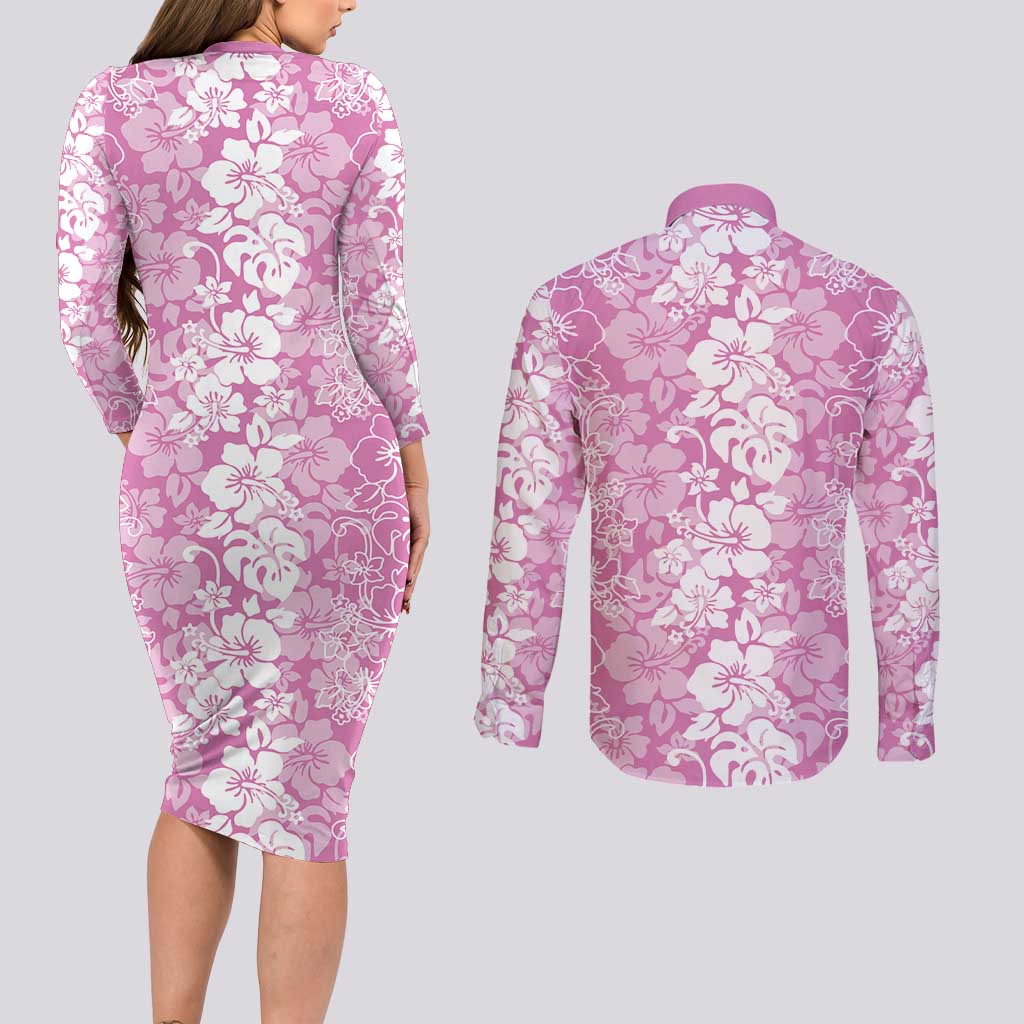 Hawaiian Lei Day Couples Matching Long Sleeve Bodycon Dress and Long Sleeve Button Shirt Pink Hibiscus Flowers Lei Art