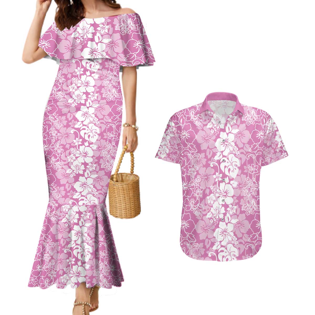 Hawaiian Lei Day Couples Matching Mermaid Dress and Hawaiian Shirt Pink Hibiscus Flowers Lei Art
