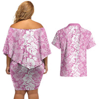 Hawaiian Lei Day Couples Matching Off Shoulder Short Dress and Hawaiian Shirt Pink Hibiscus Flowers Lei Art
