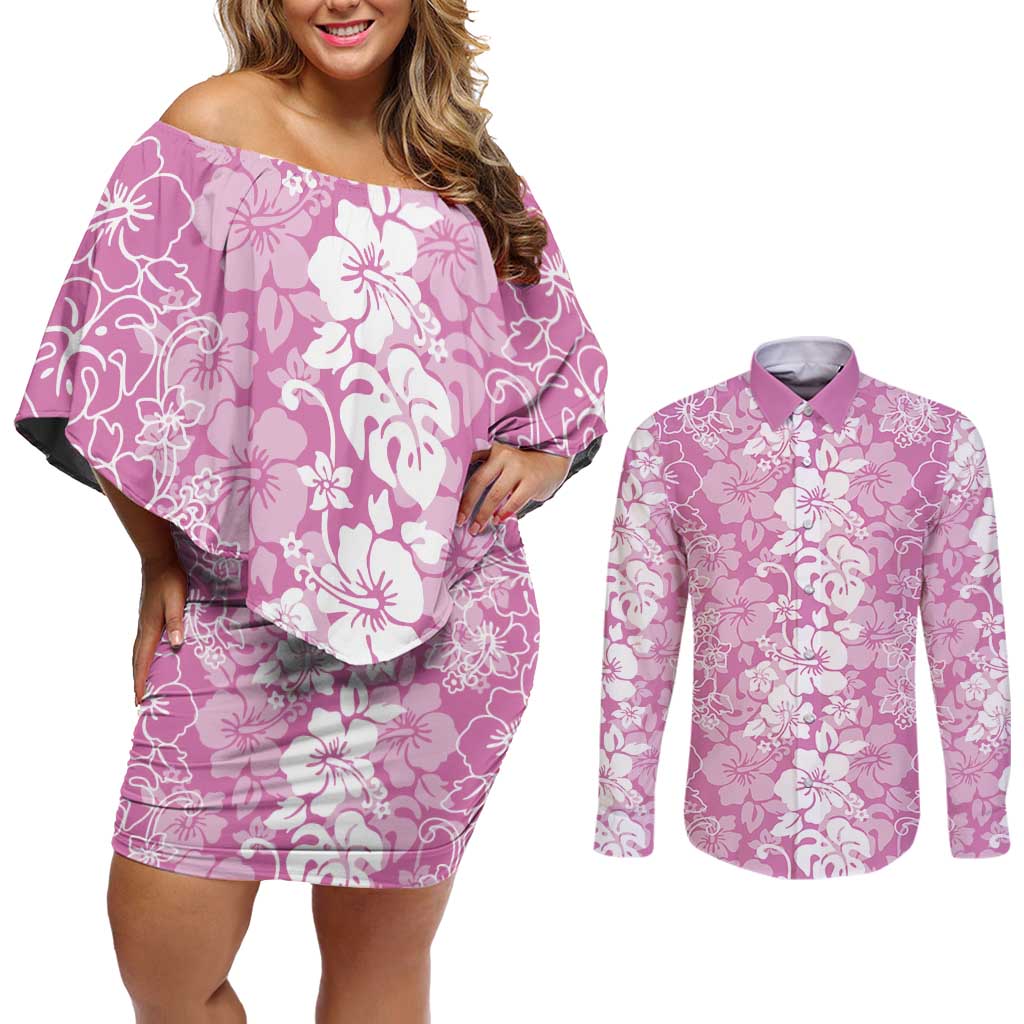 Hawaiian Lei Day Couples Matching Off Shoulder Short Dress and Long Sleeve Button Shirt Pink Hibiscus Flowers Lei Art
