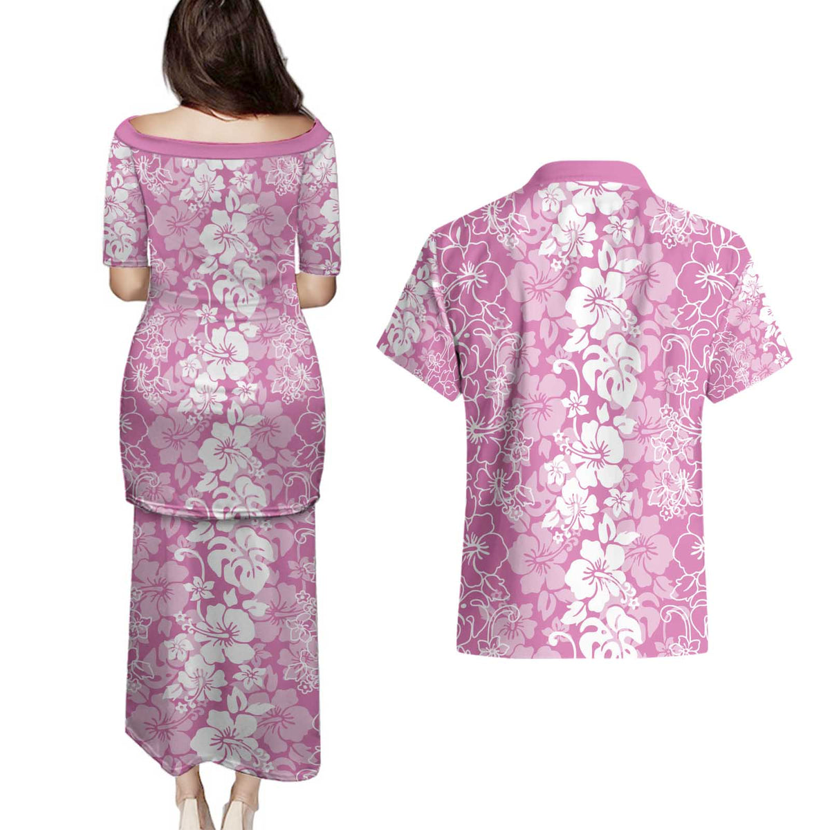 Hawaiian Lei Day Couples Matching Puletasi and Hawaiian Shirt Pink Hibiscus Flowers Lei Art