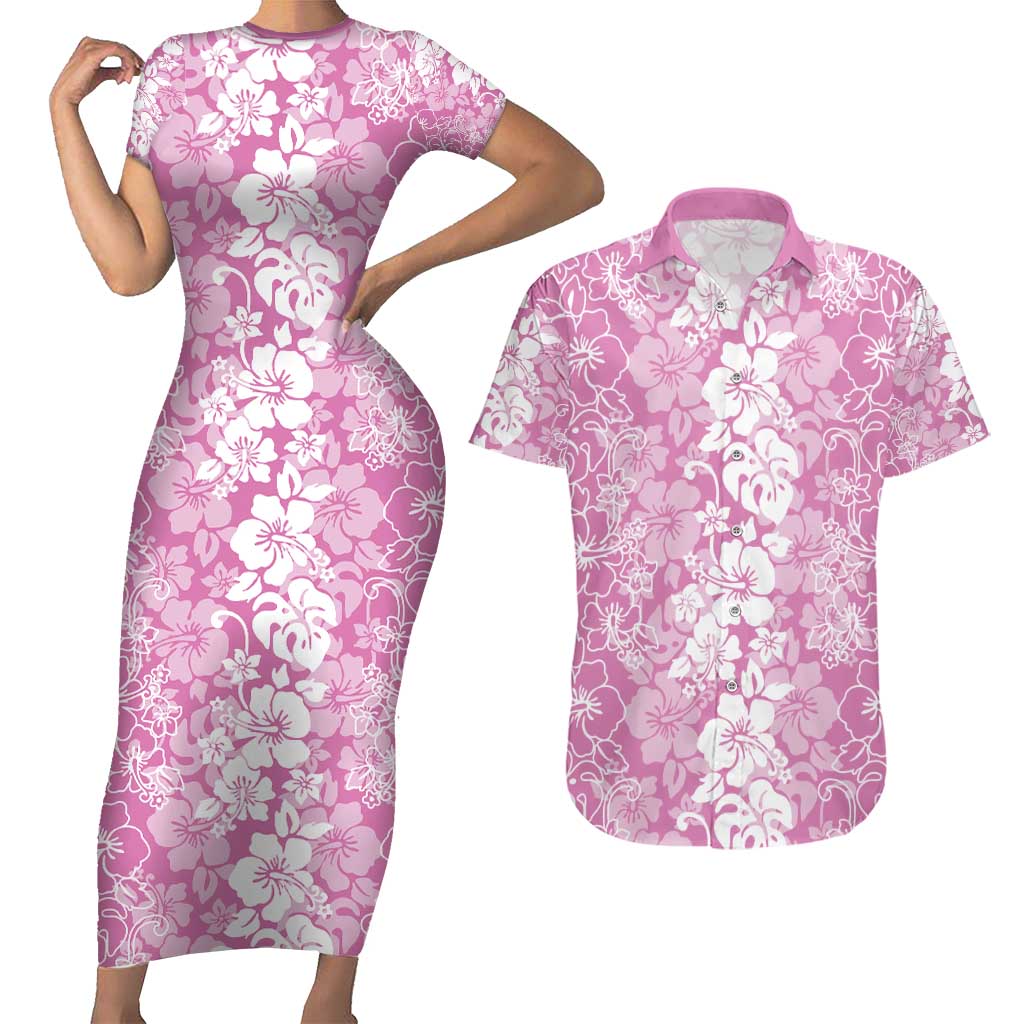 Hawaiian Lei Day Couples Matching Short Sleeve Bodycon Dress and Hawaiian Shirt Pink Hibiscus Flowers Lei Art