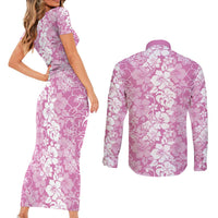 Hawaiian Lei Day Couples Matching Short Sleeve Bodycon Dress and Long Sleeve Button Shirt Pink Hibiscus Flowers Lei Art