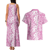 Hawaiian Lei Day Couples Matching Tank Maxi Dress and Hawaiian Shirt Pink Hibiscus Flowers Lei Art