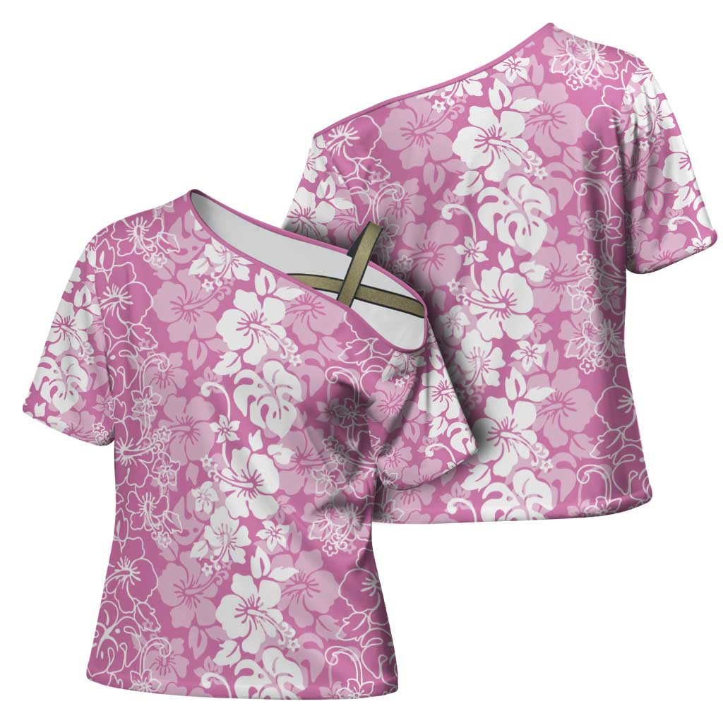 Hawaiian Lei Day Cross Shoulder Shirt Pink Hibiscus Flowers Lei Art - Polynesian Pride