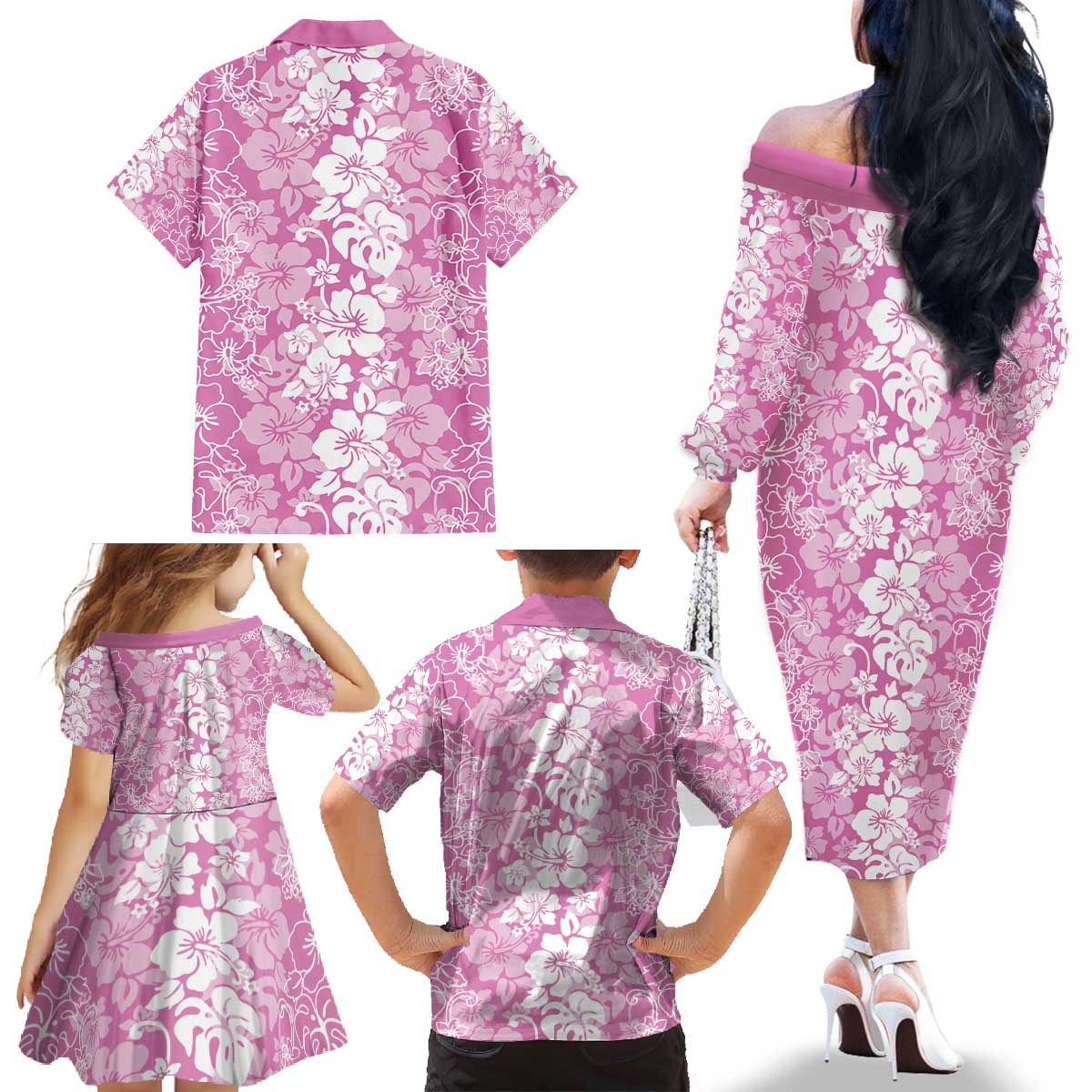Hawaiian Lei Day Family Matching Off The Shoulder Long Sleeve Dress and Hawaiian Shirt Pink Hibiscus Flowers Lei Art