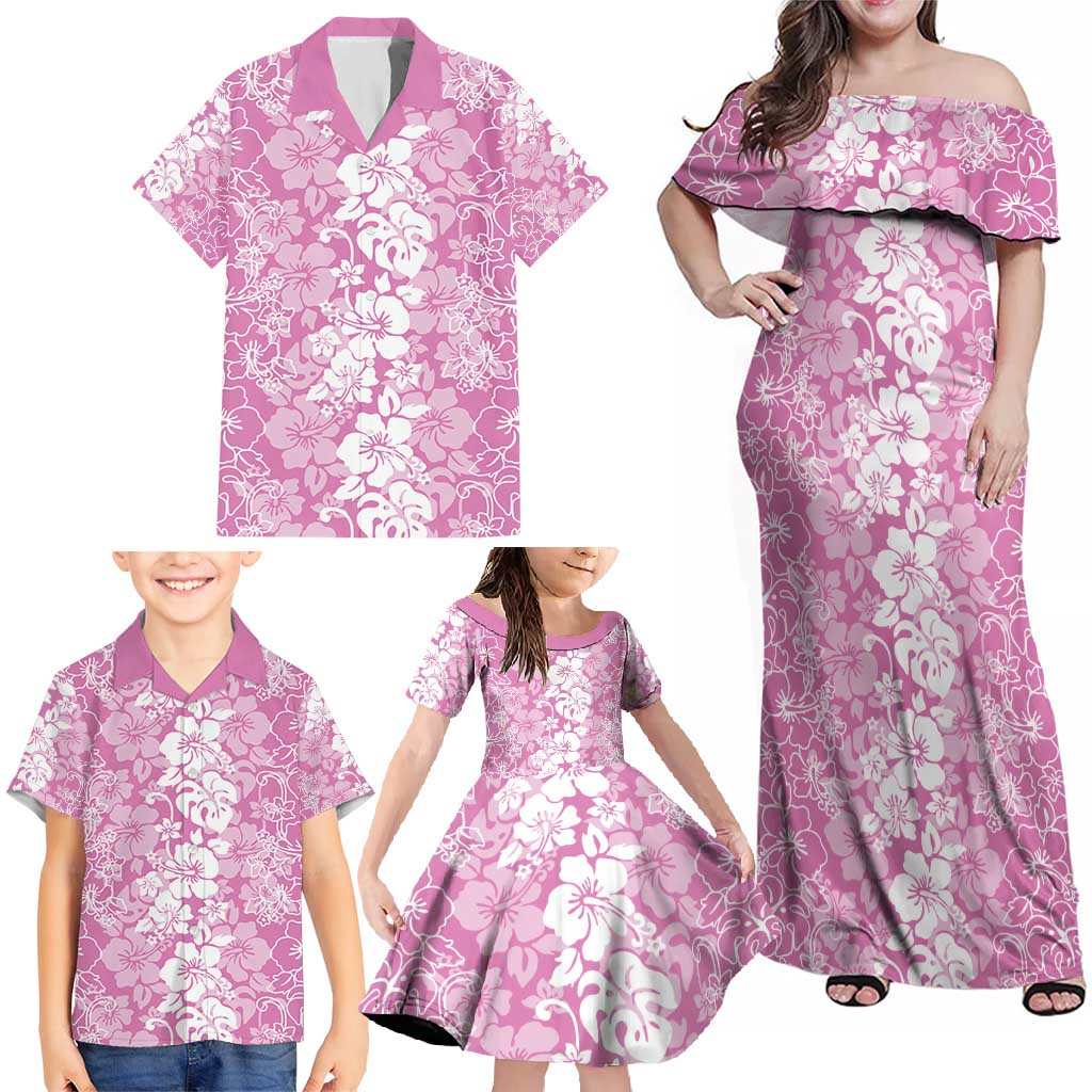 Hawaiian Lei Day Family Matching Off Shoulder Maxi Dress and Hawaiian Shirt Pink Hibiscus Flowers Lei Art
