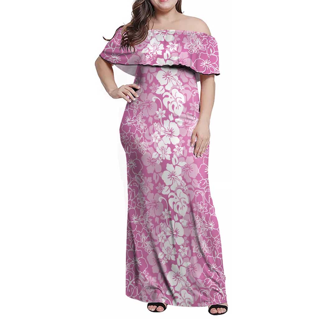 Hawaiian Lei Day Family Matching Off Shoulder Maxi Dress and Hawaiian Shirt Pink Hibiscus Flowers Lei Art
