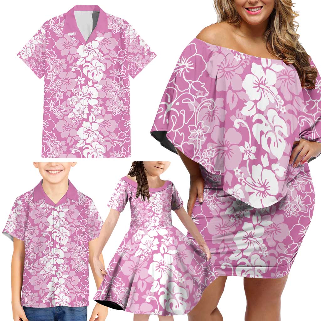 Hawaiian Lei Day Family Matching Off Shoulder Short Dress and Hawaiian Shirt Pink Hibiscus Flowers Lei Art