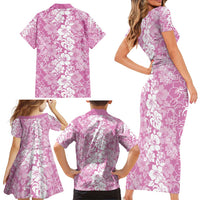 Hawaiian Lei Day Family Matching Short Sleeve Bodycon Dress and Hawaiian Shirt Pink Hibiscus Flowers Lei Art