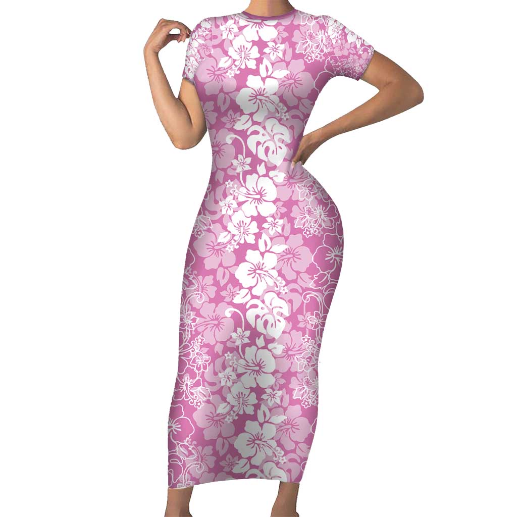 Hawaiian Lei Day Family Matching Short Sleeve Bodycon Dress and Hawaiian Shirt Pink Hibiscus Flowers Lei Art