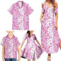 Hawaiian Lei Day Family Matching Summer Maxi Dress and Hawaiian Shirt Pink Hibiscus Flowers Lei Art