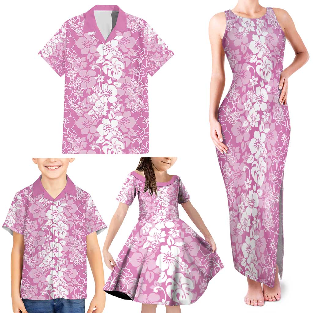 Hawaiian Lei Day Family Matching Tank Maxi Dress and Hawaiian Shirt Pink Hibiscus Flowers Lei Art