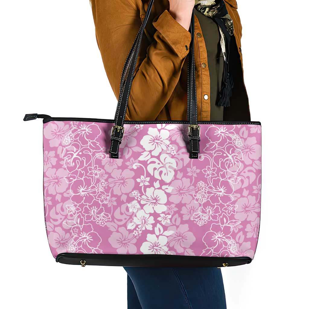 Hawaiian Lei Day Leather Tote Bag Pink Hibiscus Flowers Lei Art