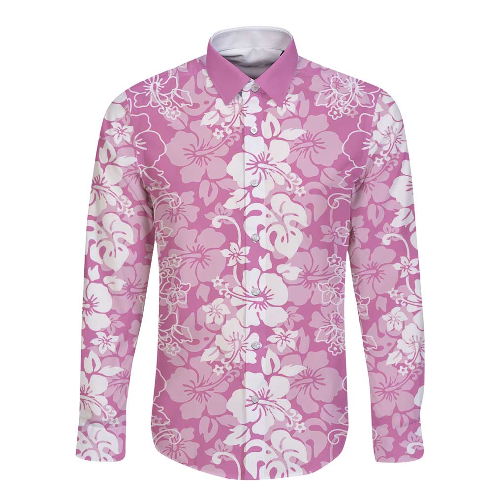 Hawaiian Lei Day Long Sleeve Button Shirt Pink Hibiscus Flowers Lei Art