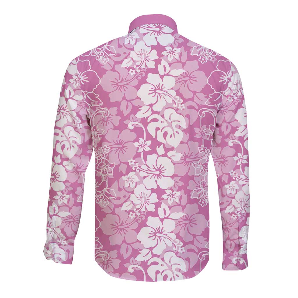 Hawaiian Lei Day Long Sleeve Button Shirt Pink Hibiscus Flowers Lei Art