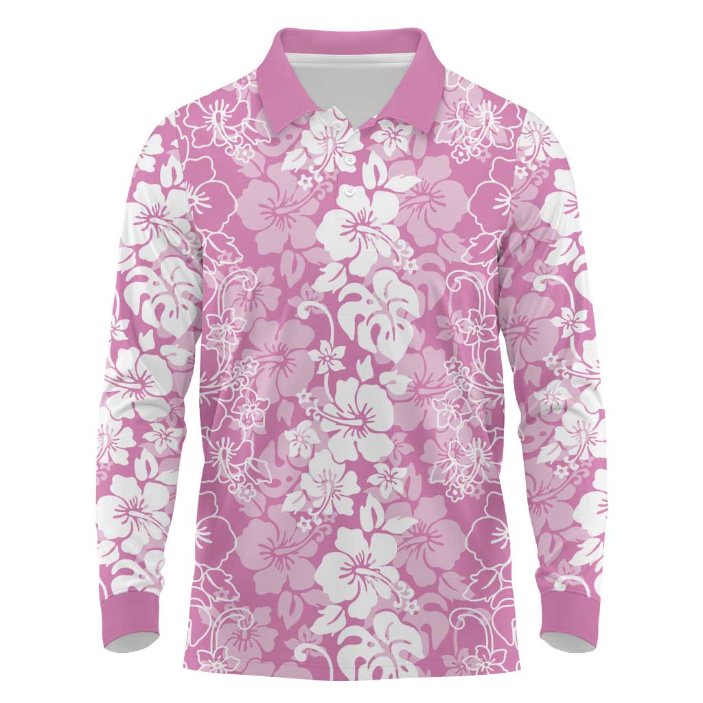 Hawaiian Lei Day Long Sleeve Polo Shirt Pink Hibiscus Flowers Lei Art