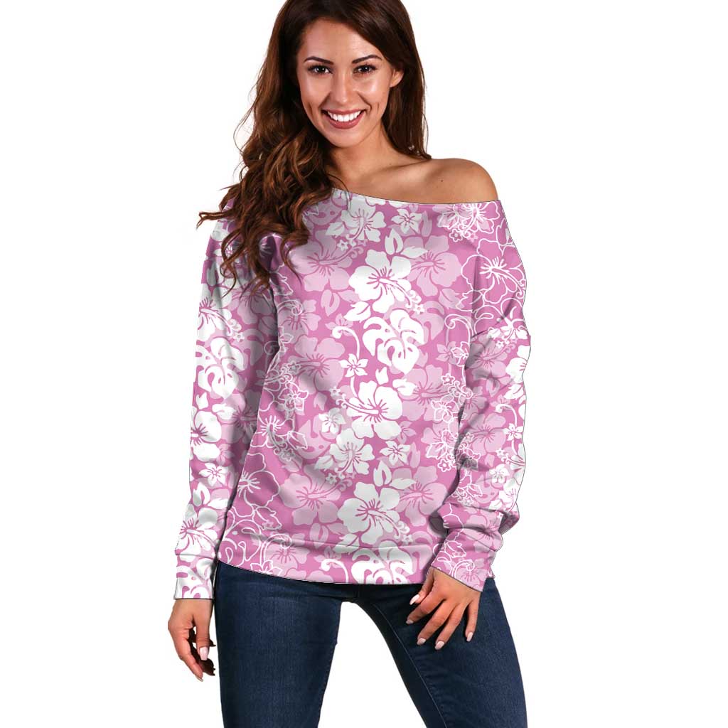 Hawaiian Lei Day Off Shoulder Sweater Pink Hibiscus Flowers Lei Art