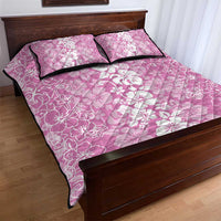 Hawaiian Lei Day Quilt Bed Set Pink Hibiscus Flowers Lei Art