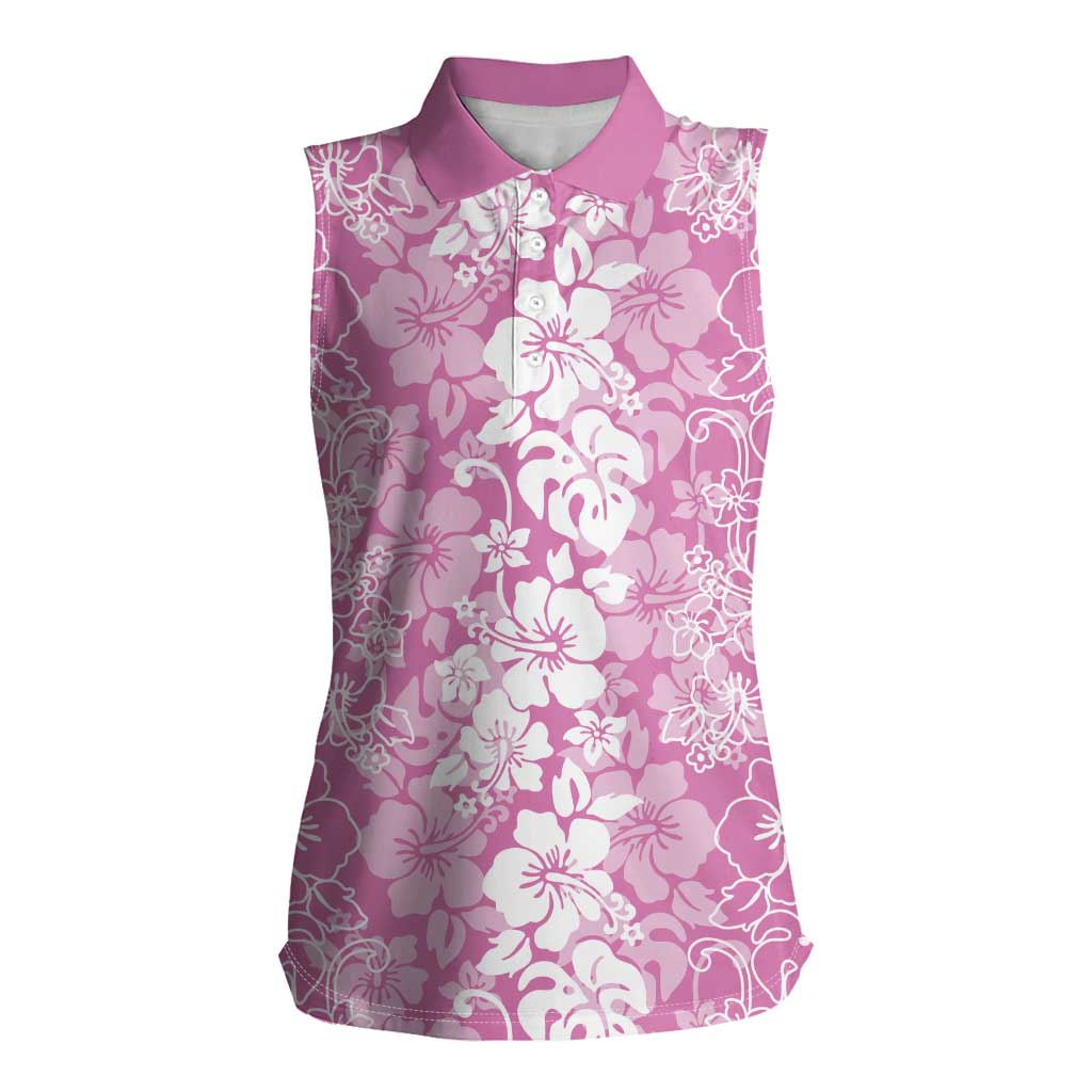 Hawaiian Lei Day Women Sleeveless Polo Shirt Pink Hibiscus Flowers Lei Art
