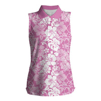 Hawaiian Lei Day Women Sleeveless Polo Shirt Pink Hibiscus Flowers Lei Art