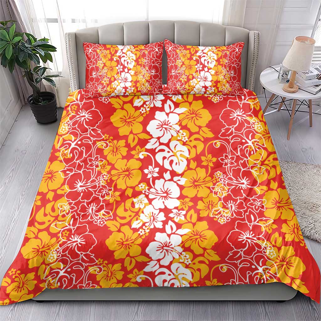 Hawaiian Lei Day Bedding Set Red Hibiscus Flowers Lei Art
