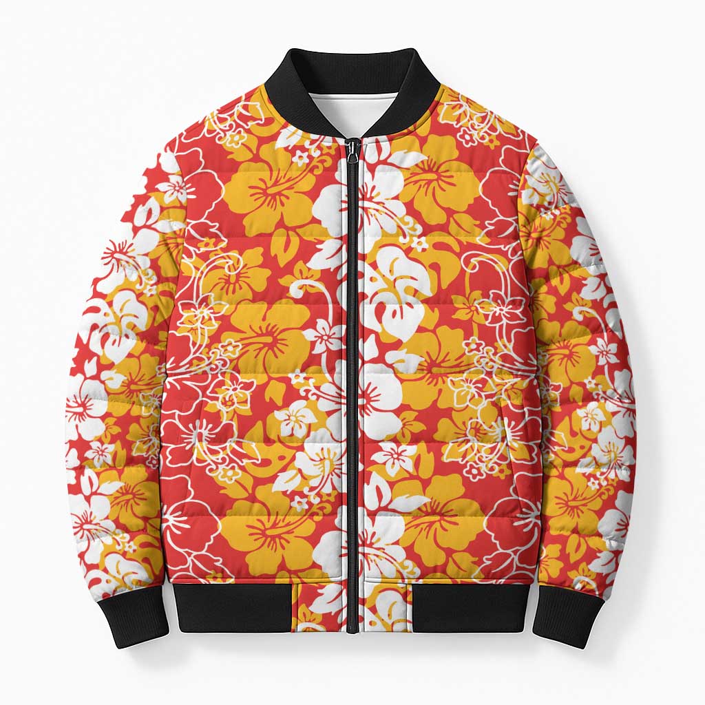 Hawaiian Lei Day Bomber Puffer Jacket Red Hibiscus Flowers Lei Art - Polynesian Pride