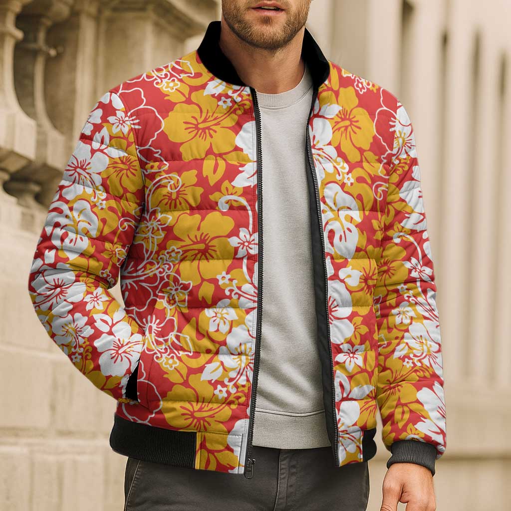 Hawaiian Lei Day Bomber Puffer Jacket Red Hibiscus Flowers Lei Art - Polynesian Pride