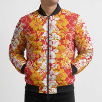 Hawaiian Lei Day Bomber Puffer Jacket Red Hibiscus Flowers Lei Art - Polynesian Pride
