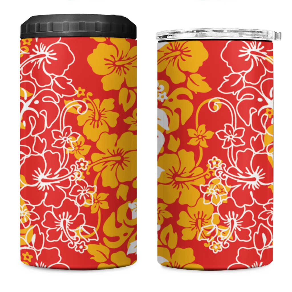 Hawaiian Lei Day 4 in 1 Can Cooler Tumbler Red Hibiscus Flowers Lei Art