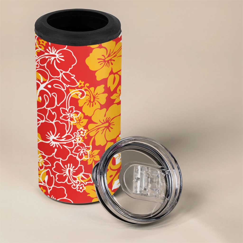 Hawaiian Lei Day 4 in 1 Can Cooler Tumbler Red Hibiscus Flowers Lei Art