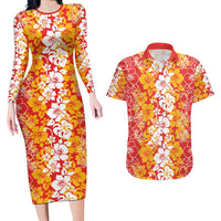Hawaiian Lei Day Couples Matching Long Sleeve Bodycon Dress and Hawaiian Shirt Red Hibiscus Flowers Lei Art