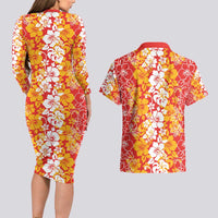 Hawaiian Lei Day Couples Matching Long Sleeve Bodycon Dress and Hawaiian Shirt Red Hibiscus Flowers Lei Art