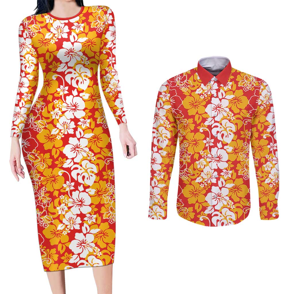 Hawaiian Lei Day Couples Matching Long Sleeve Bodycon Dress and Long Sleeve Button Shirt Red Hibiscus Flowers Lei Art