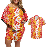 Hawaiian Lei Day Couples Matching Off Shoulder Short Dress and Hawaiian Shirt Red Hibiscus Flowers Lei Art