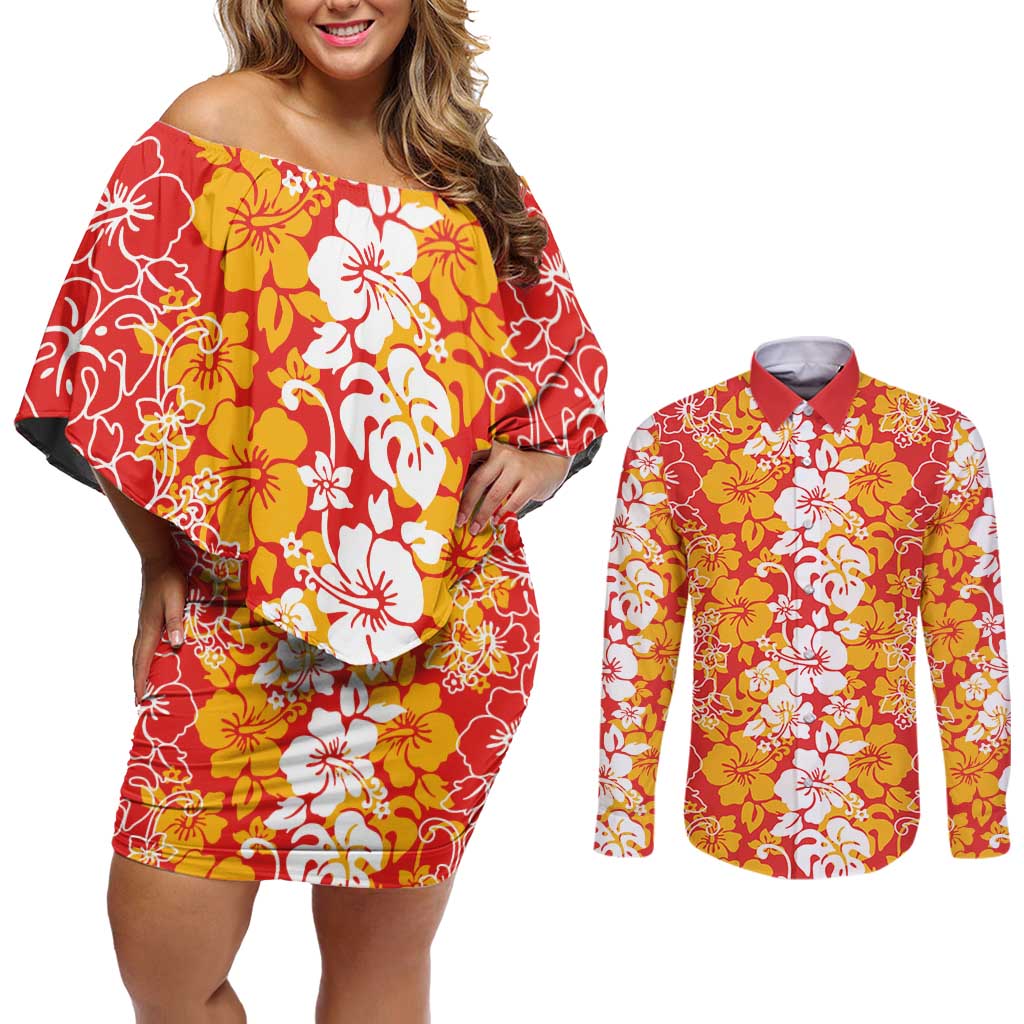 Hawaiian Lei Day Couples Matching Off Shoulder Short Dress and Long Sleeve Button Shirt Red Hibiscus Flowers Lei Art