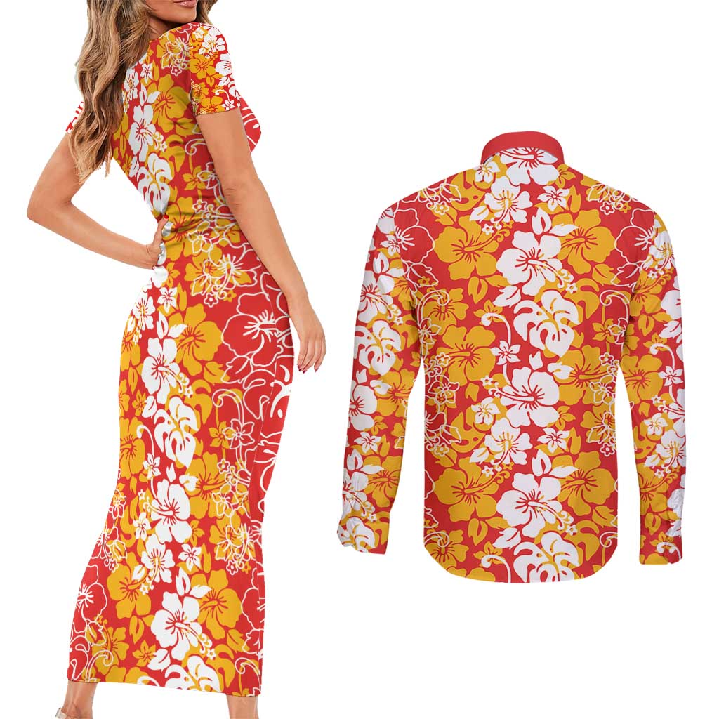 Hawaiian Lei Day Couples Matching Short Sleeve Bodycon Dress and Long Sleeve Button Shirt Red Hibiscus Flowers Lei Art