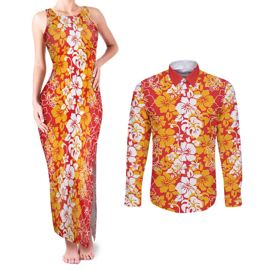 Hawaiian Lei Day Couples Matching Tank Maxi Dress and Long Sleeve Button Shirt Red Hibiscus Flowers Lei Art