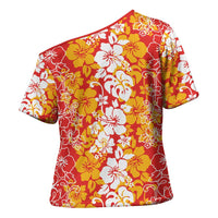 Hawaiian Lei Day Cross Shoulder Shirt Red Hibiscus Flowers Lei Art - Polynesian Pride