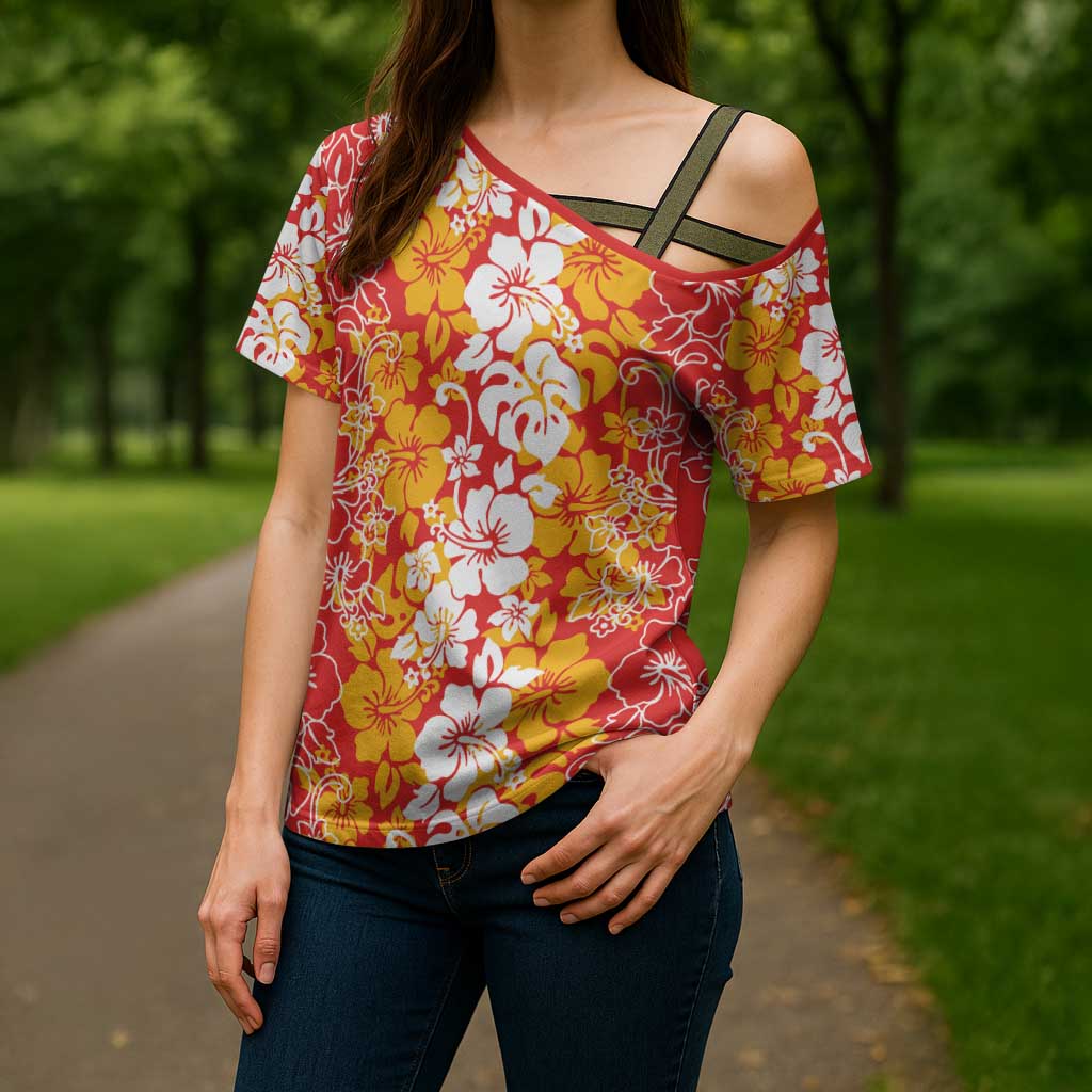 Hawaiian Lei Day Cross Shoulder Shirt Red Hibiscus Flowers Lei Art - Polynesian Pride