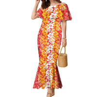 Hawaiian Lei Day Family Matching Mermaid Dress and Hawaiian Shirt Red Hibiscus Flowers Lei Art