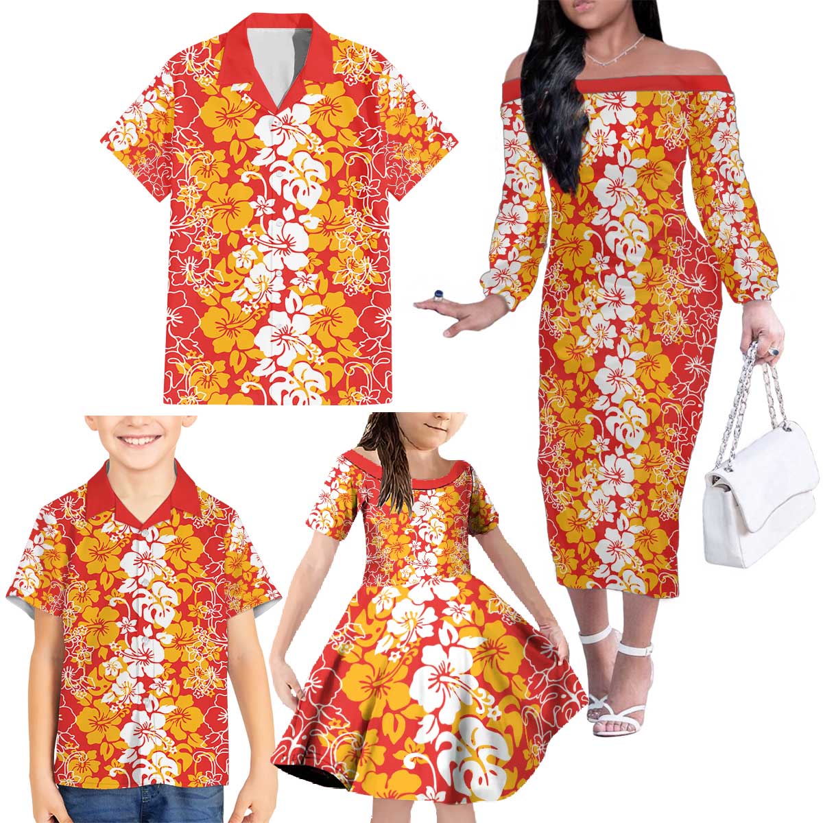 Hawaiian Lei Day Family Matching Off The Shoulder Long Sleeve Dress and Hawaiian Shirt Red Hibiscus Flowers Lei Art