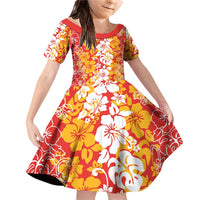 Hawaiian Lei Day Family Matching Off Shoulder Short Dress and Hawaiian Shirt Red Hibiscus Flowers Lei Art
